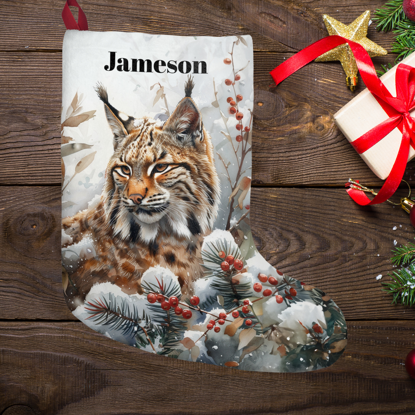 Bobcat Wildlife Christmas Stocking - Bobcat in Woodland Custom Holiday Made in USA