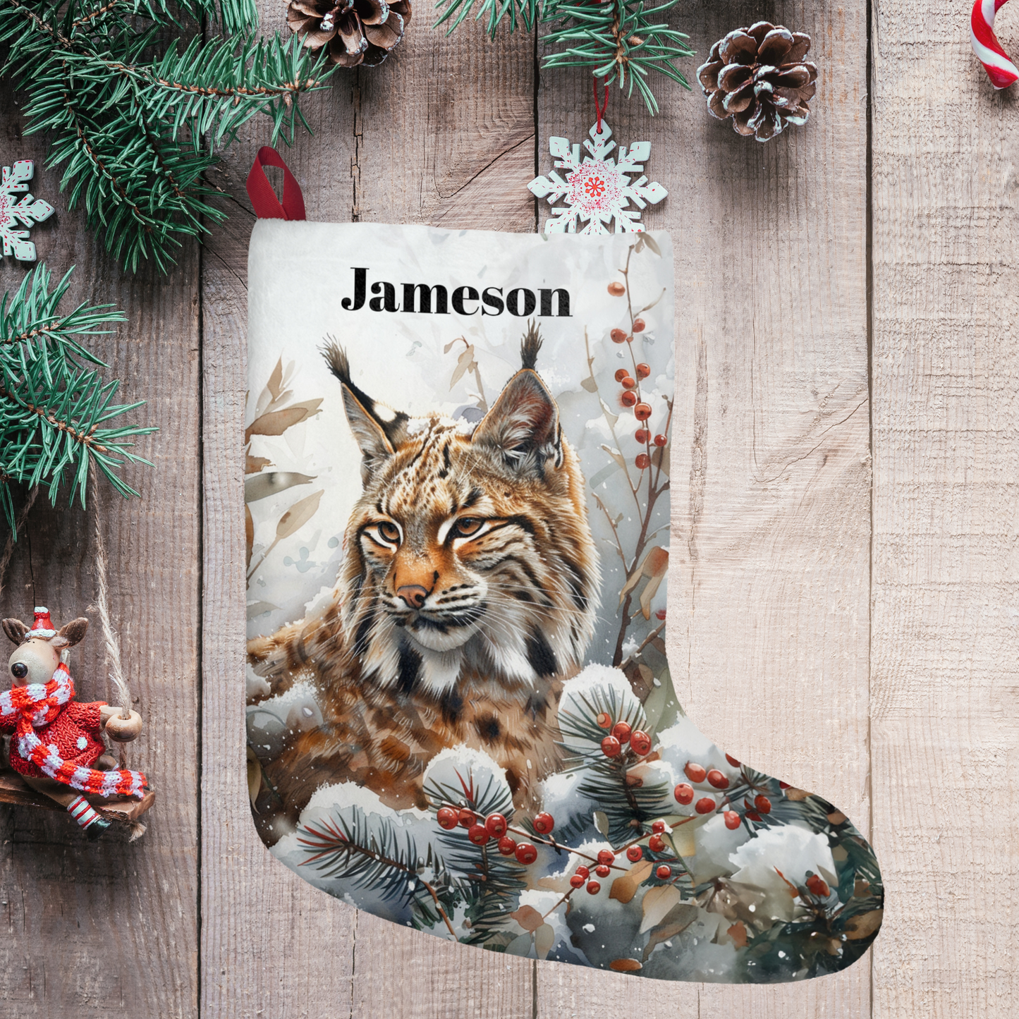 Bobcat Wildlife Christmas Stocking - Bobcat in Woodland Custom Holiday Made in USA