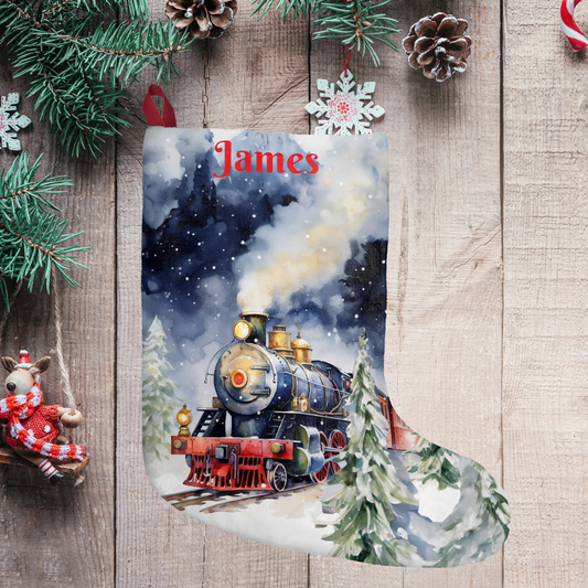 Christmas Train Stocking - Watercolor Vintage Steam Train For Christmas - Made in USA