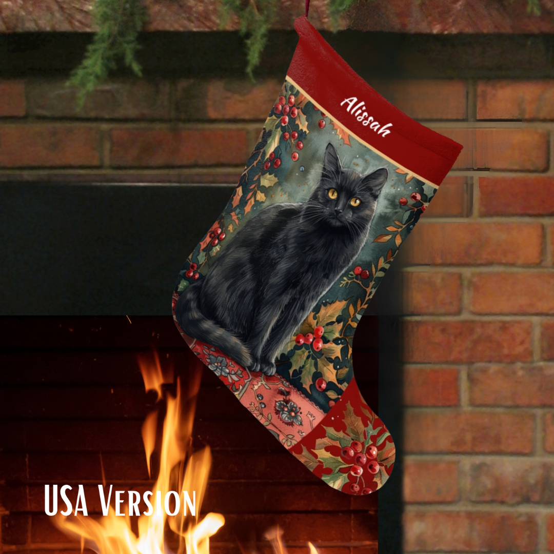 Black Cat Christmas Stocking - Personalized A Black Cat with Holly & Berries - Made in USA