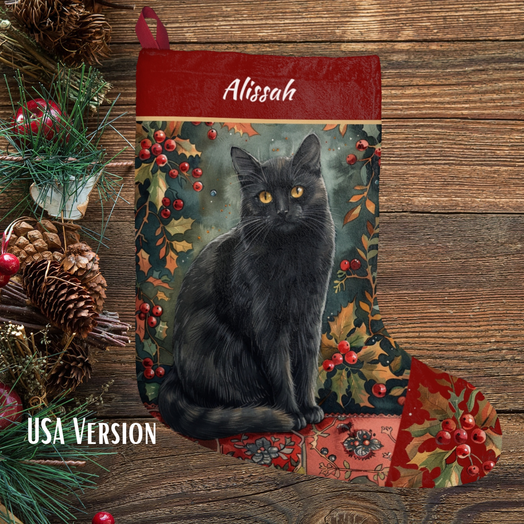 Black Cat Christmas Stocking - Personalized A Black Cat with Holly & Berries - Made in USA