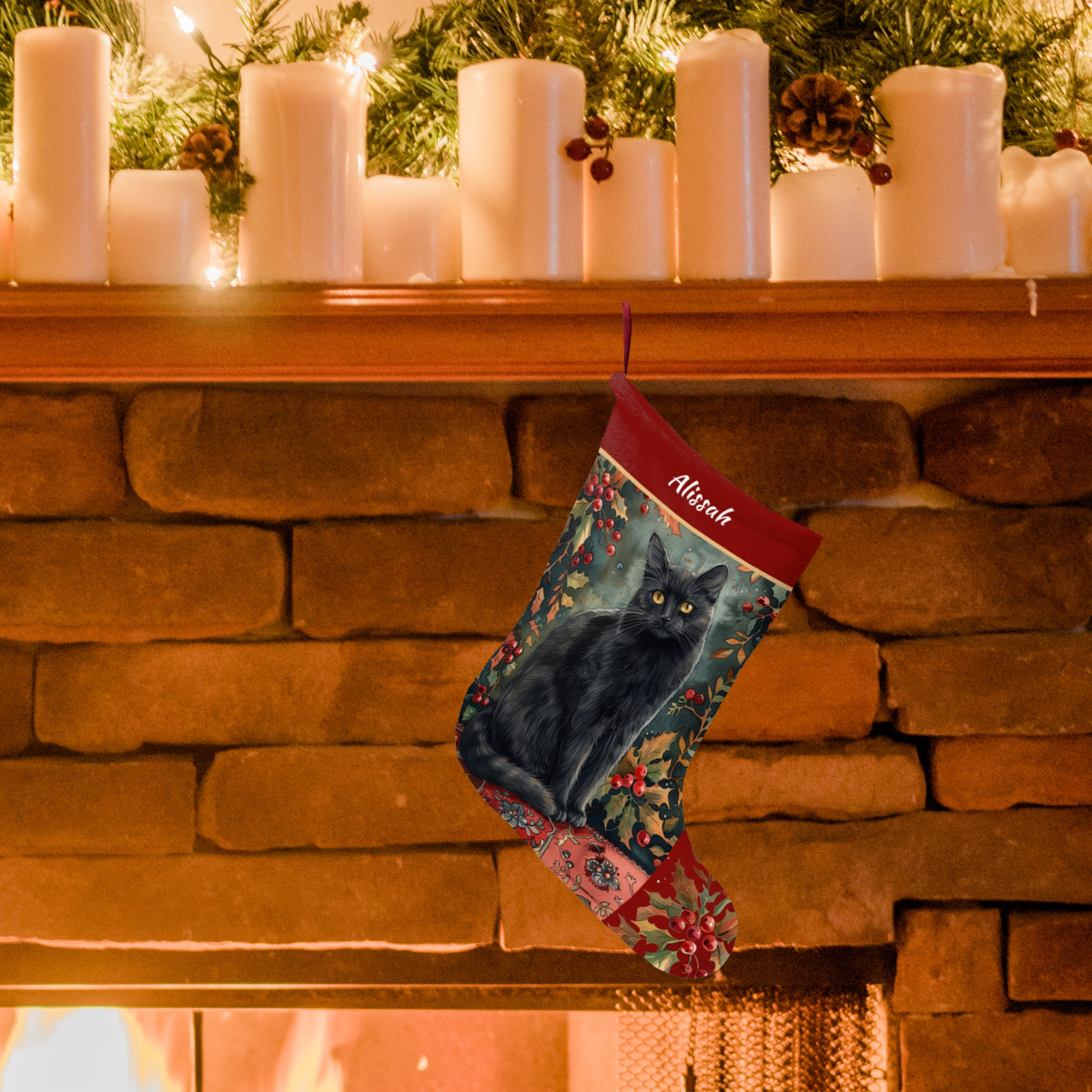 Black Cat Christmas Stocking - Personalized A Black Cat with Holly & Berries - Made in USA