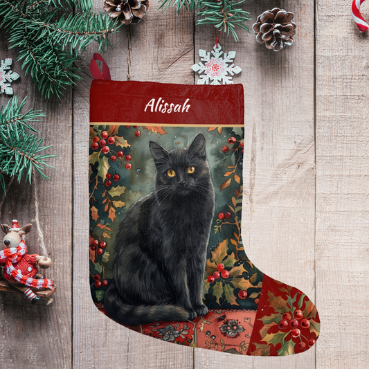Black Cat Christmas Stocking - Personalized A Black Cat with Holly & Berries - Made in USA