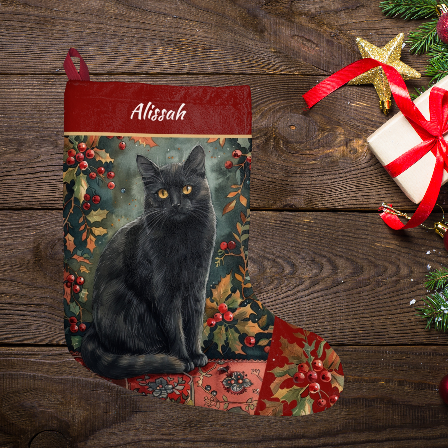 Black Cat Christmas Stocking - Personalized A Black Cat with Holly & Berries - Made in USA
