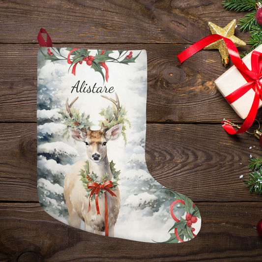 Christmas Deer Art Stocking, Fleece Rustic Woodland Holiday Decor