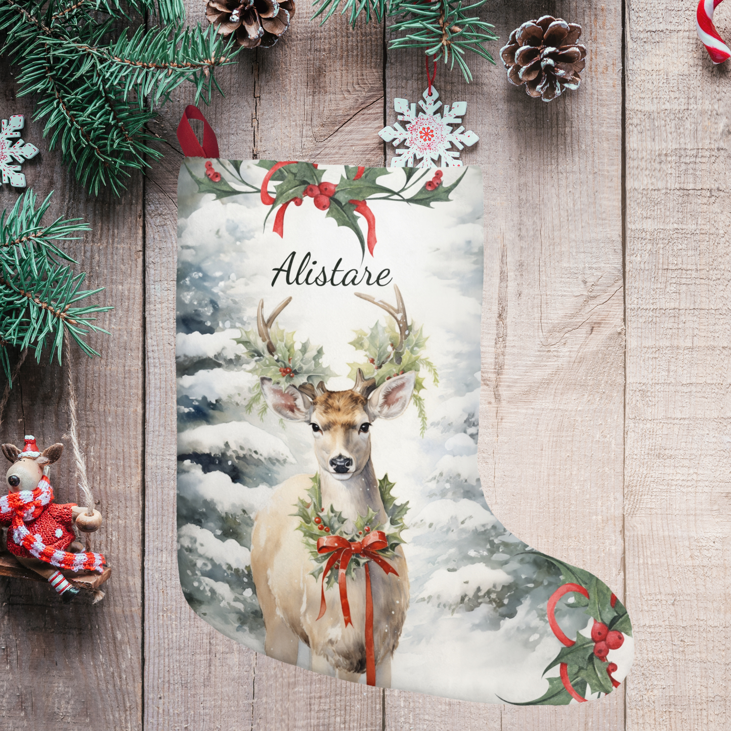 Personalized Christmas Deer Art Stocking, Fleece Rustic Woodland Beautiful Watercolor Deer in Winter Forest Setting, Ex Large Stocking