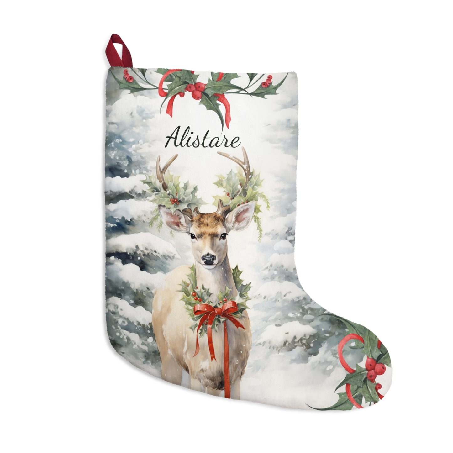 Personalized Christmas Deer Art Stocking, Fleece Rustic Woodland Beautiful Watercolor Deer in Winter Forest Setting, Ex Large Stocking