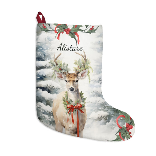 Personalized Christmas Deer Art Stocking, Fleece Rustic Woodland Beautiful Watercolor Deer in Winter Forest Setting, Ex Large Stocking