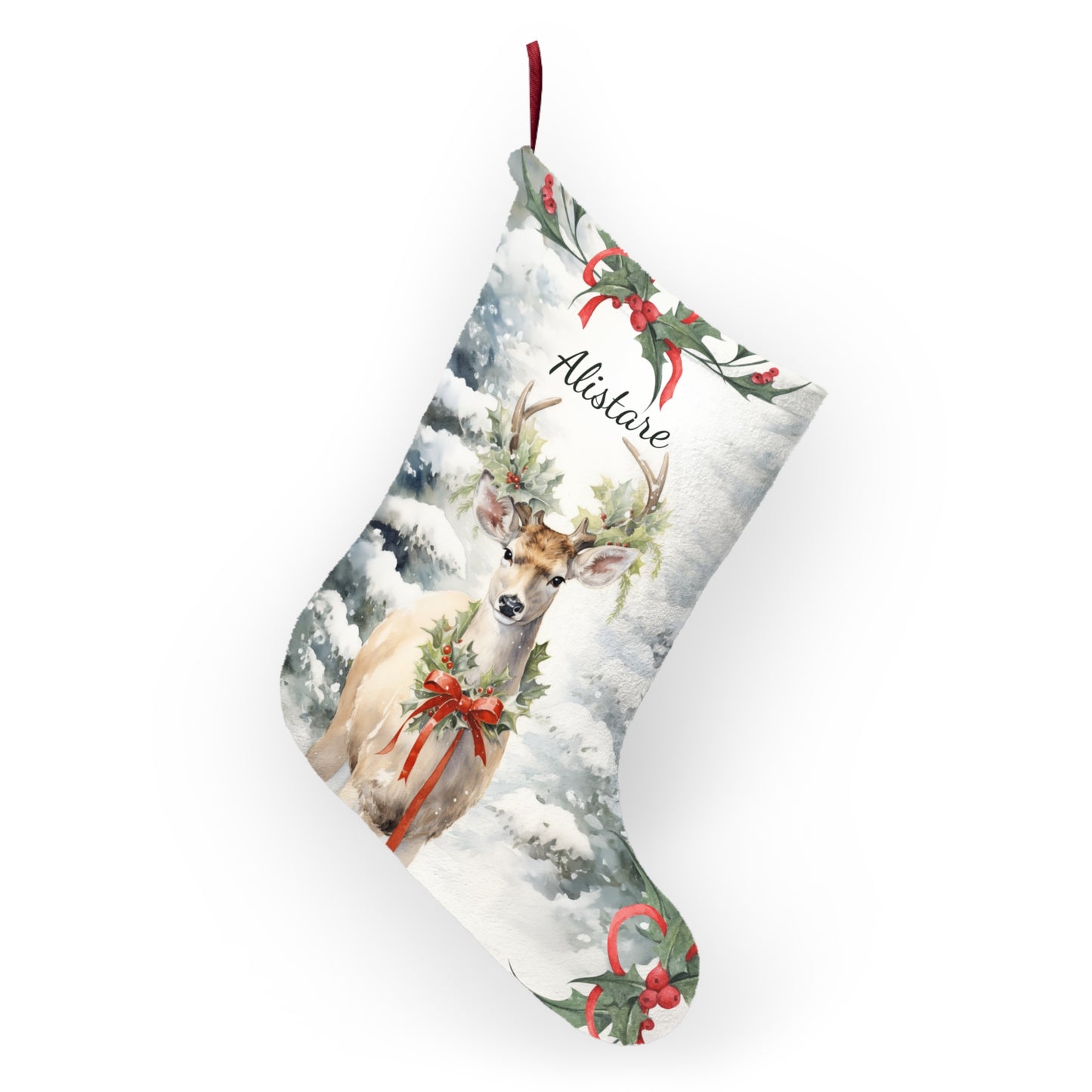 Personalized Christmas Deer Art Stocking, Fleece Rustic Woodland Beautiful Watercolor Deer in Winter Forest Setting, Ex Large Stocking
