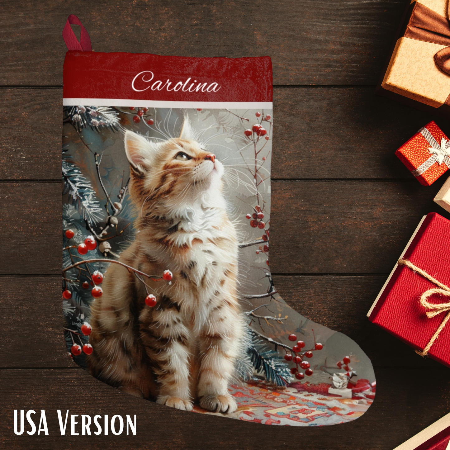 Tabby Cat Christmas Stocking, Cat Art Stockings, Holiday Decoration
