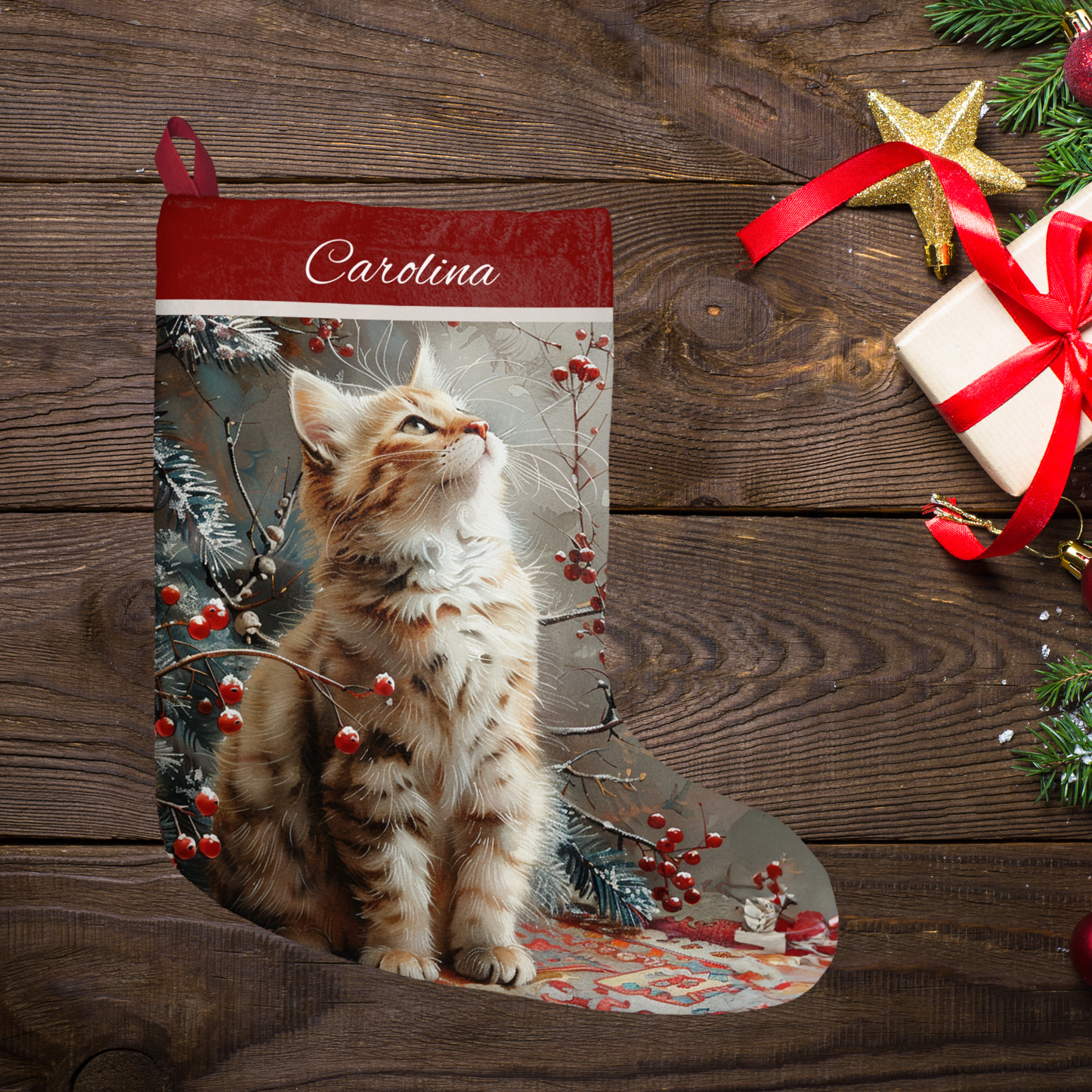 Tabby Cat Christmas Stocking, Cat Art Stockings, Holiday Decoration