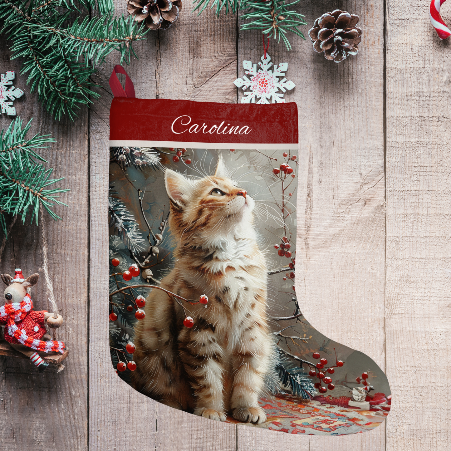 Tabby Cat Christmas Stocking, Cat Art Stockings, Holiday Decoration