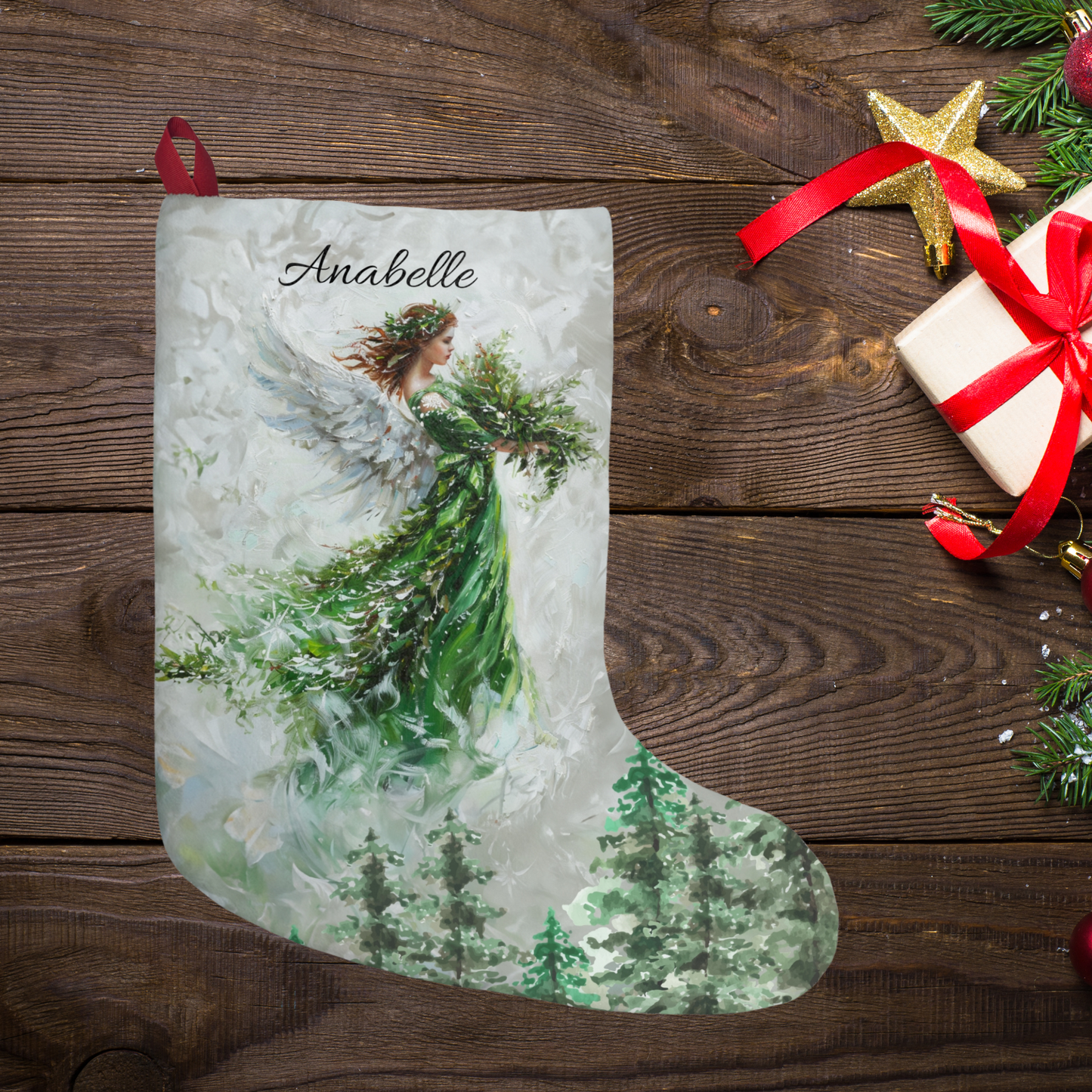 Green Angel Christmas Stocking, Heavenly Artwork Design