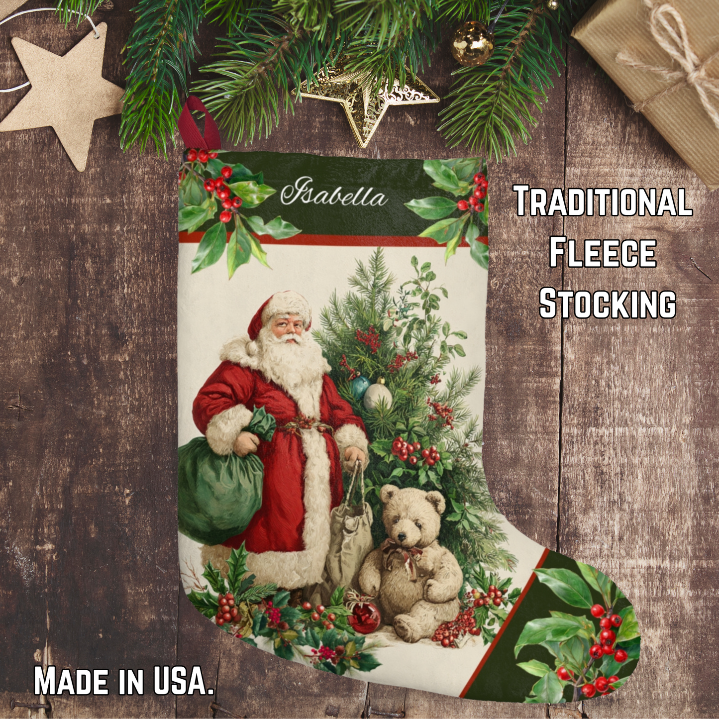 Vintage Santa Christmas Stocking, Retro Style Holiday Keepsake