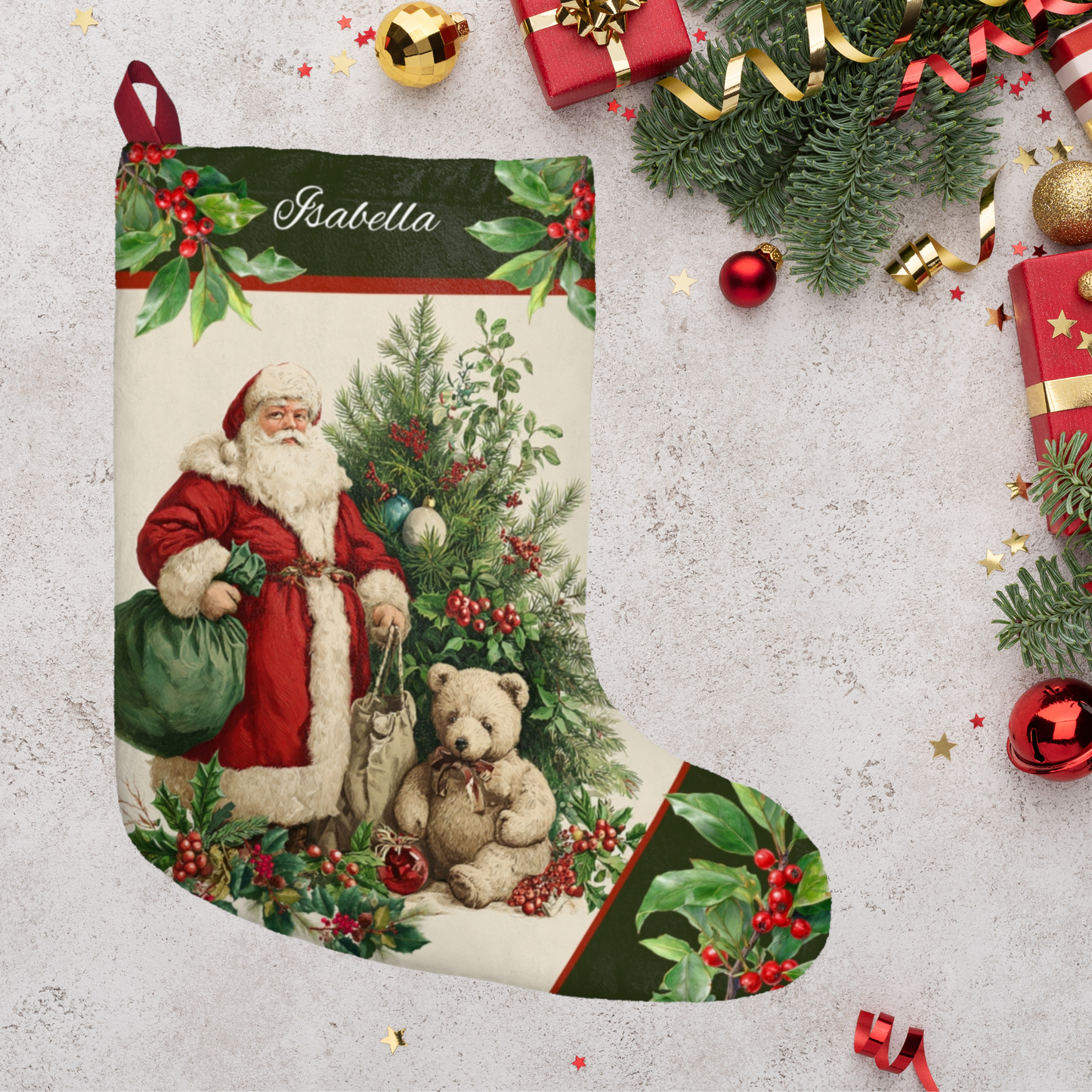 Vintage Santa Christmas Stocking, Retro Style Holiday Keepsake