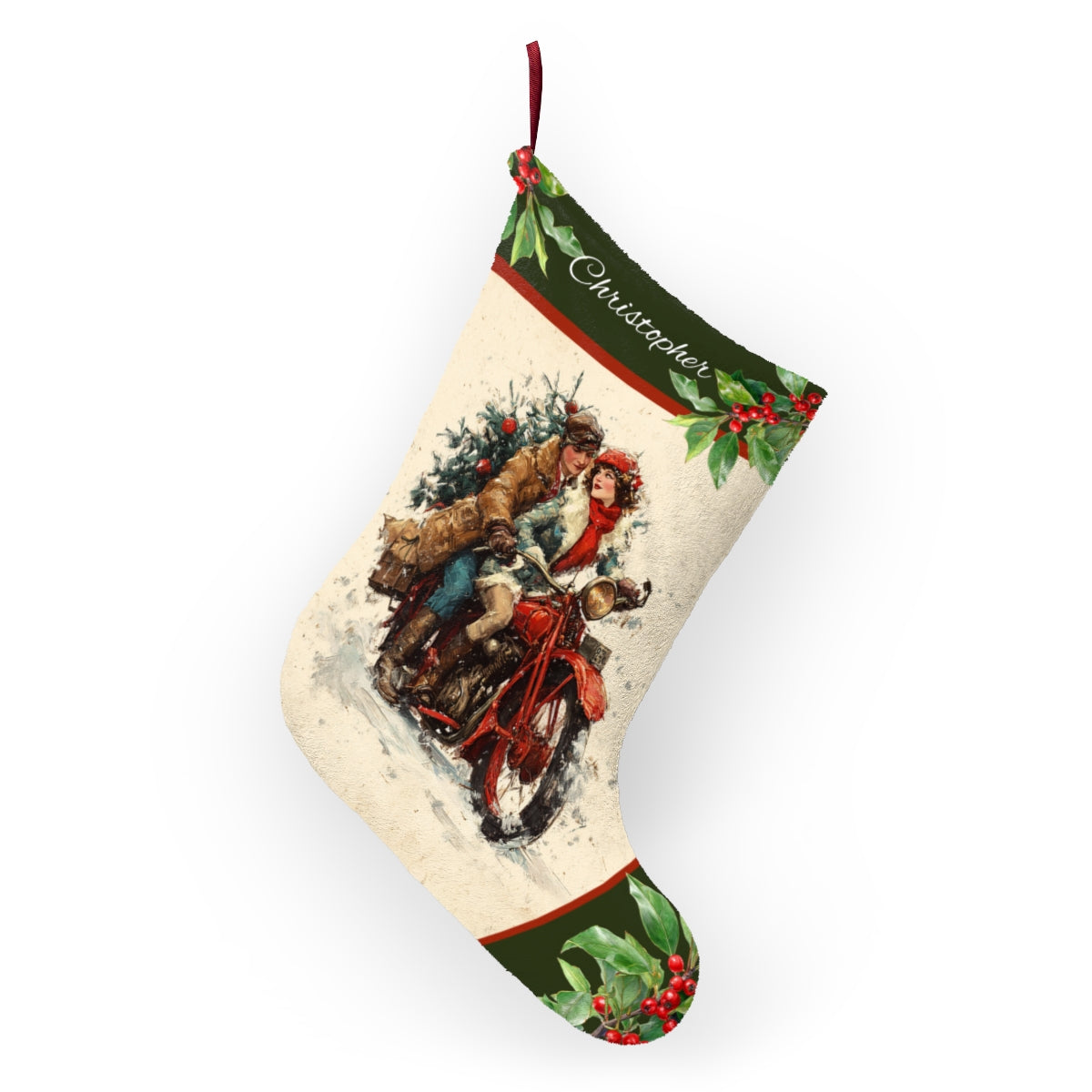 Vintage Motorcycle Christmas Stocking, Retro Holiday Keepsake