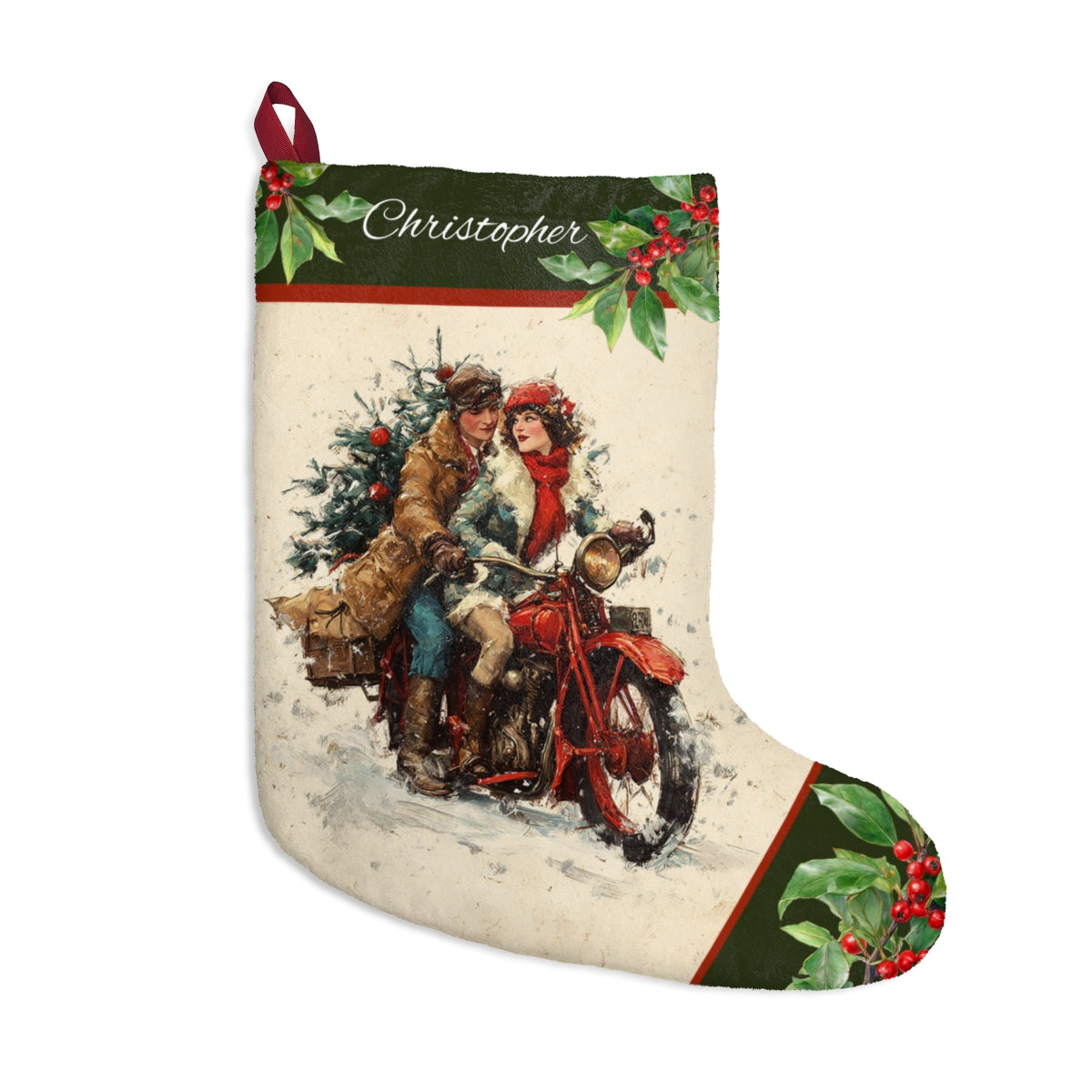Vintage Motorcycle Christmas Stocking, Retro Holiday Keepsake