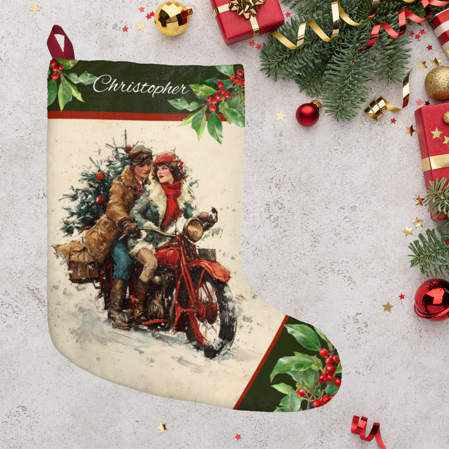 Vintage Motorcycle Christmas Stocking, Retro Holiday Keepsake