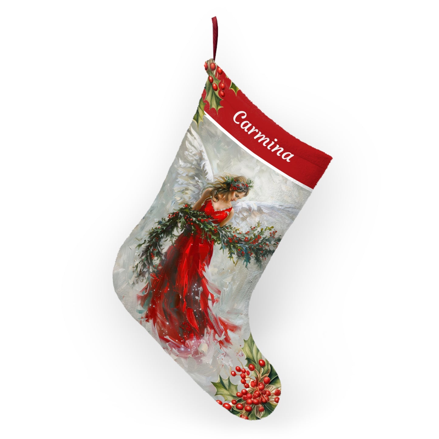 Red Angel Holiday Stocking, Decorative Art Christmas Stockings