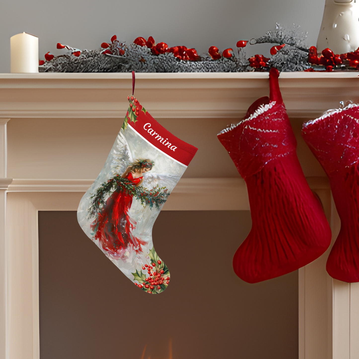 Red Angel Holiday Stocking, Decorative Art Christmas Stockings