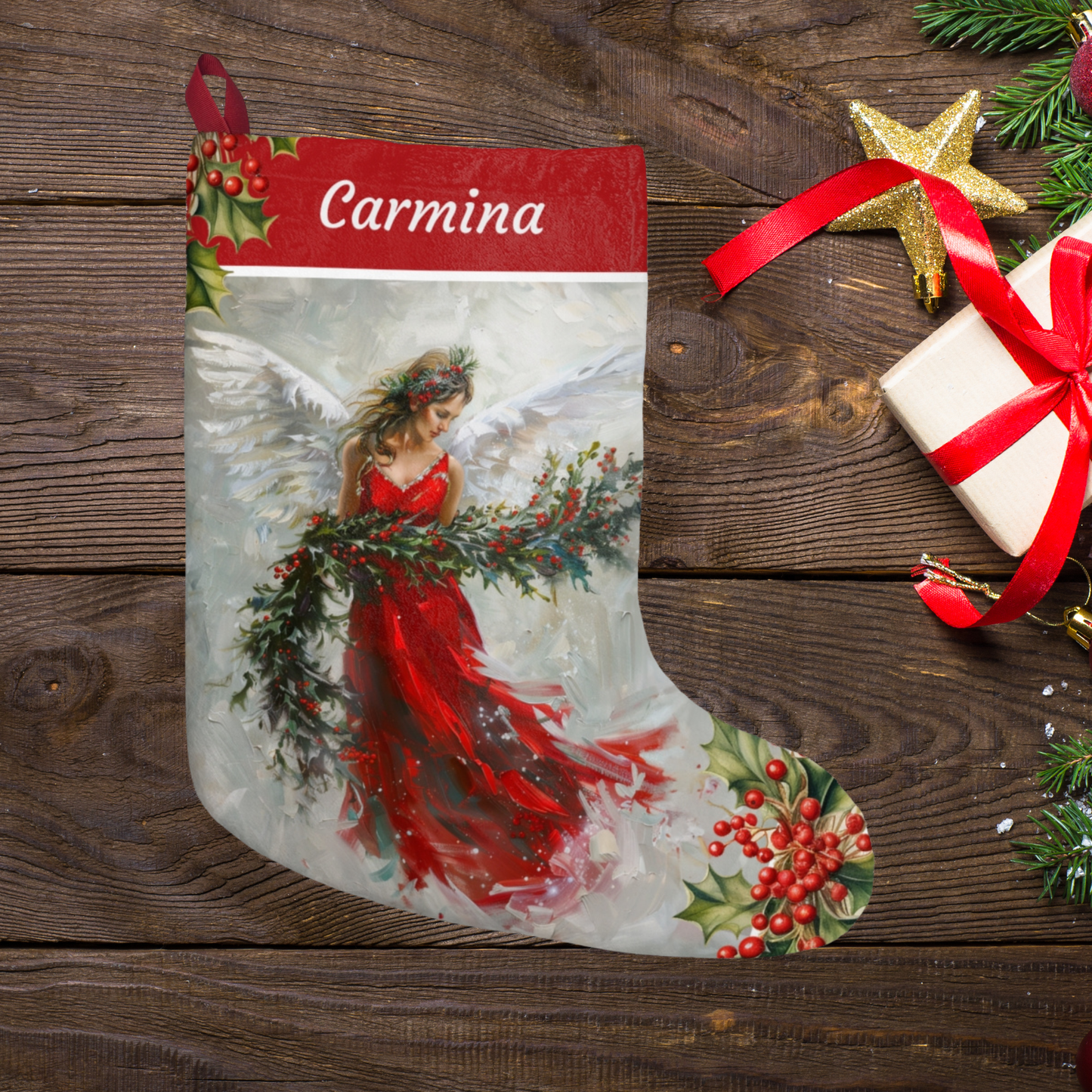 Red Angel Holiday Stocking, Decorative Art Christmas Stockings