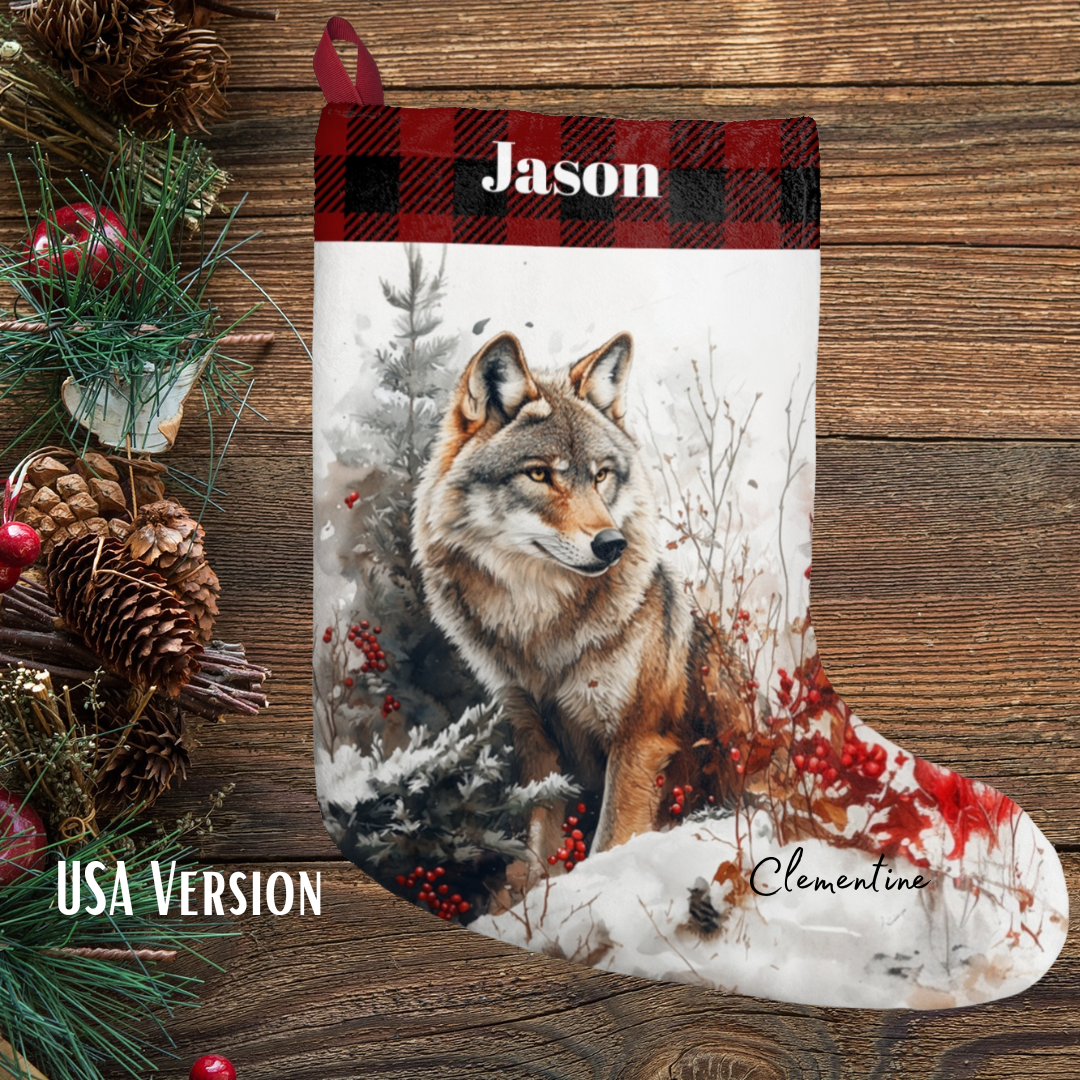 Wolf Wildlife Christmas Stocking , Non-Traditional Wolf Holiday Decor