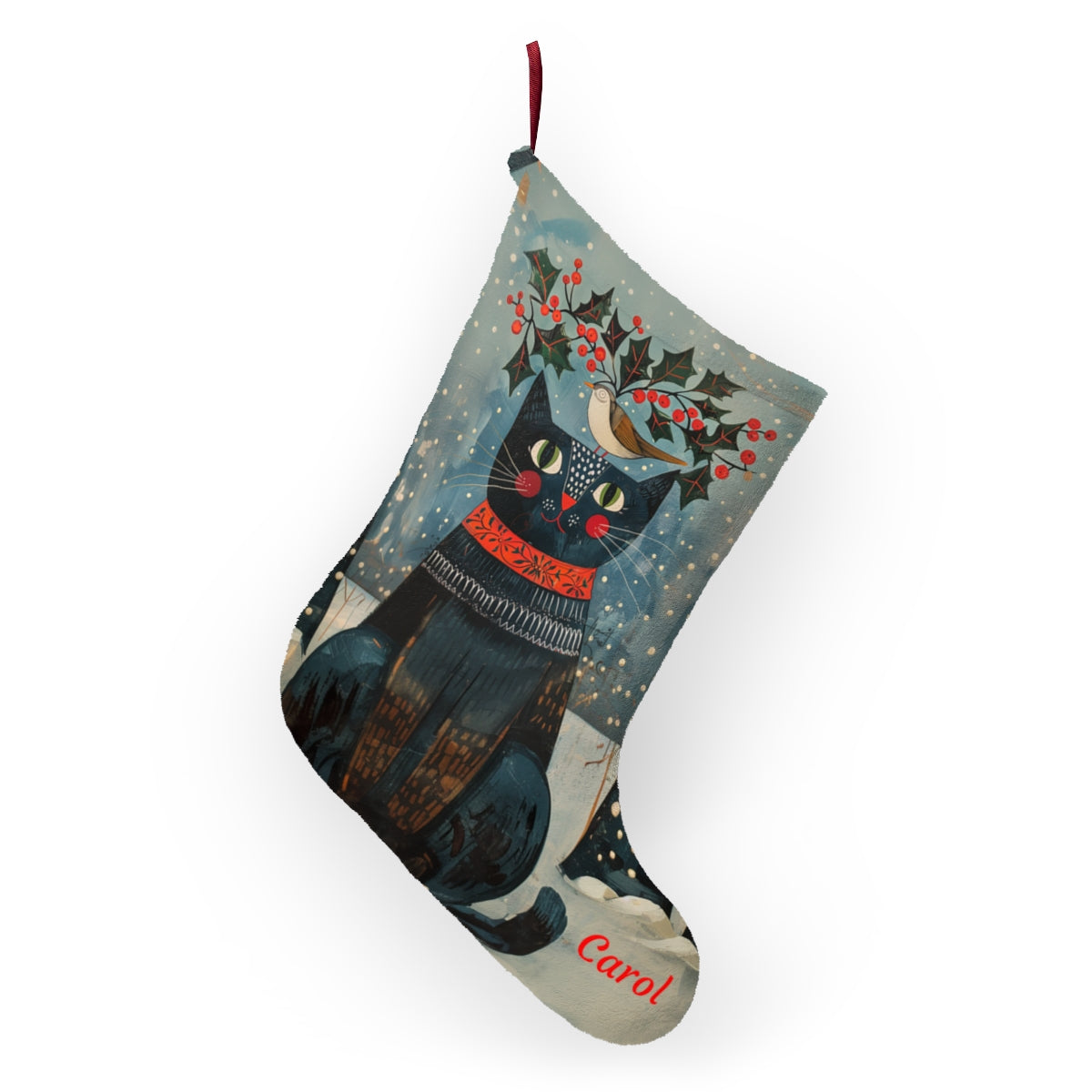 Folk Art Black Cat Christmas Stocking - Rustic Holiday Decor