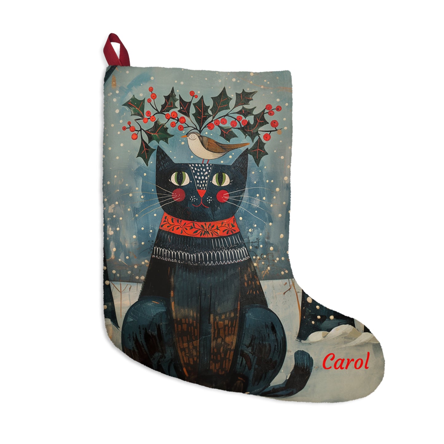 Folk Art Black Cat Christmas Stocking - Rustic Holiday Decor