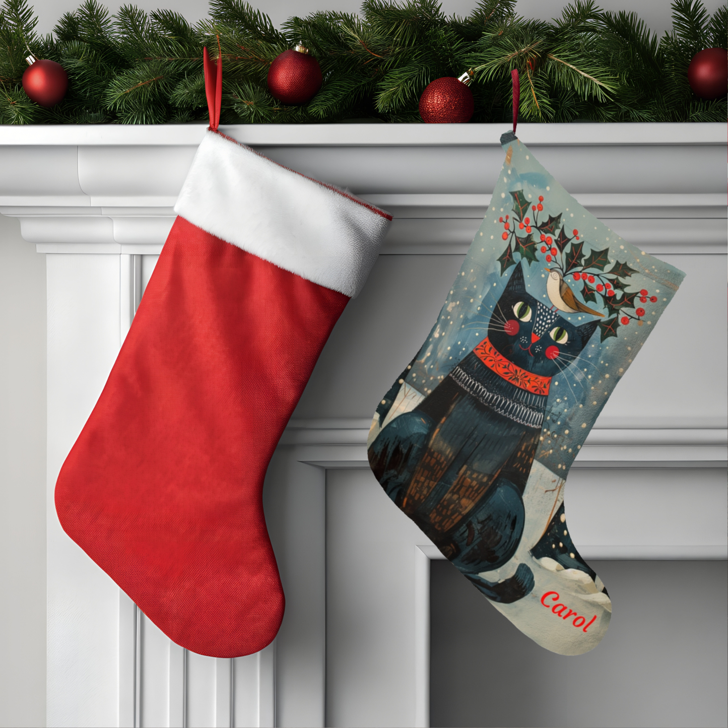 Folk Art Black Cat Christmas Stocking - Rustic Holiday Decor