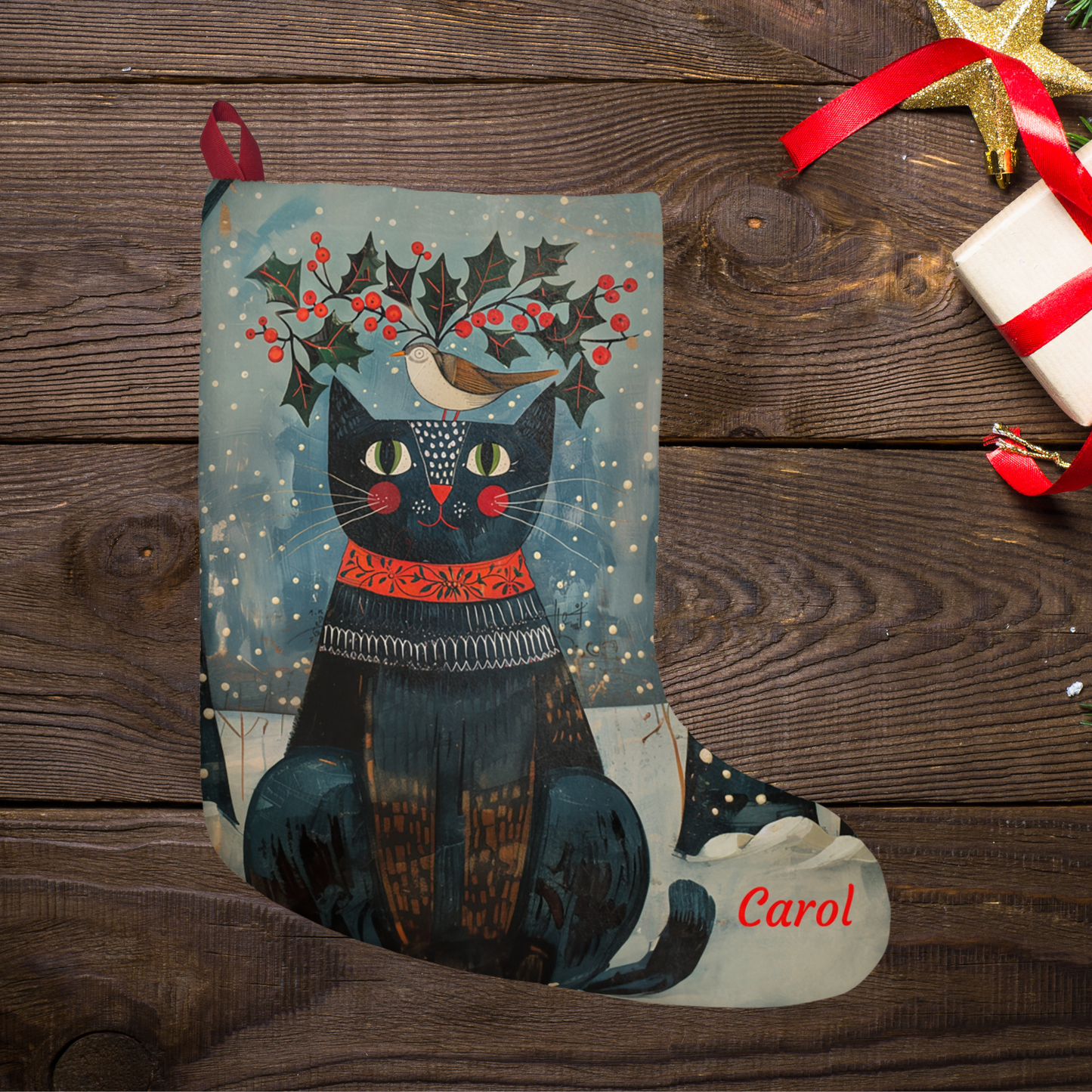 Folk Art Black Cat Christmas Stocking - Rustic Holiday Decor