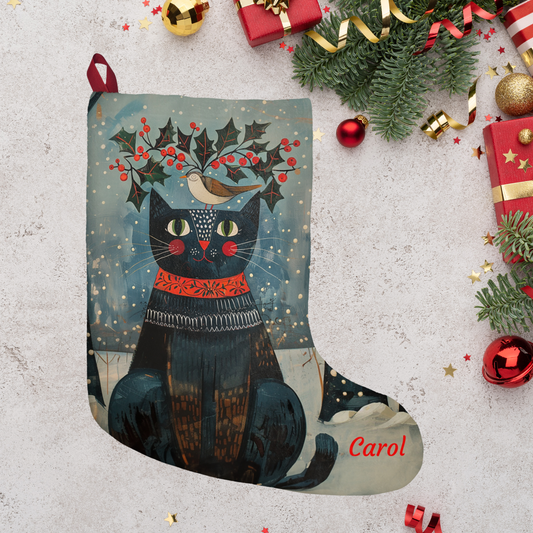 Folk Art Black Cat Christmas Stocking - Rustic Holiday Decor