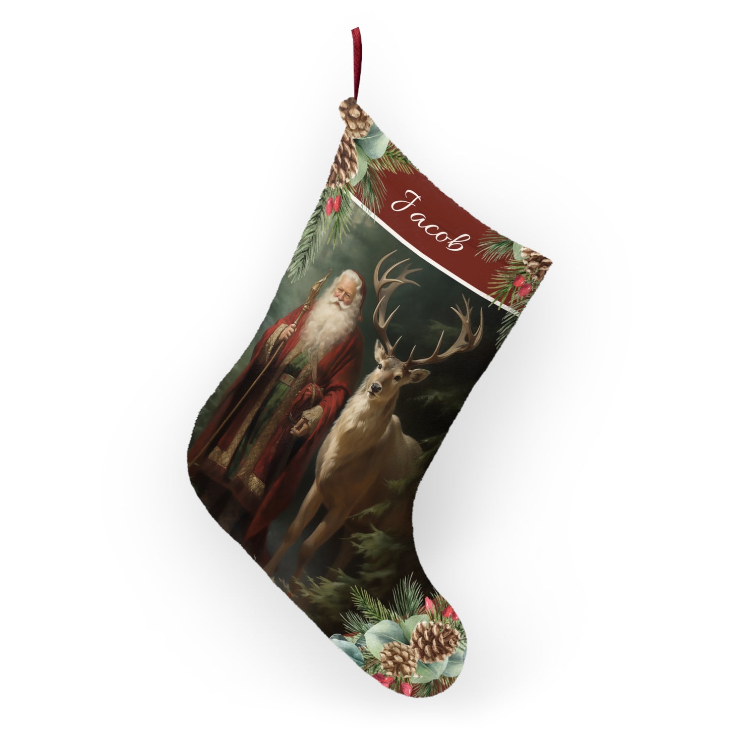 Victorian Santa Stocking, Woodland Santa l Deer Christmas Decor