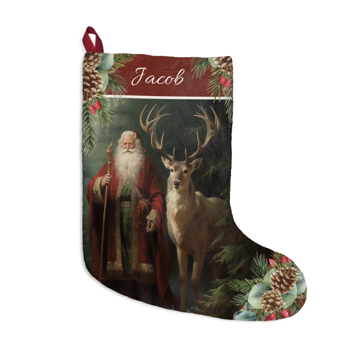 Victorian Santa Stocking, Woodland Santa l Deer Christmas Decor