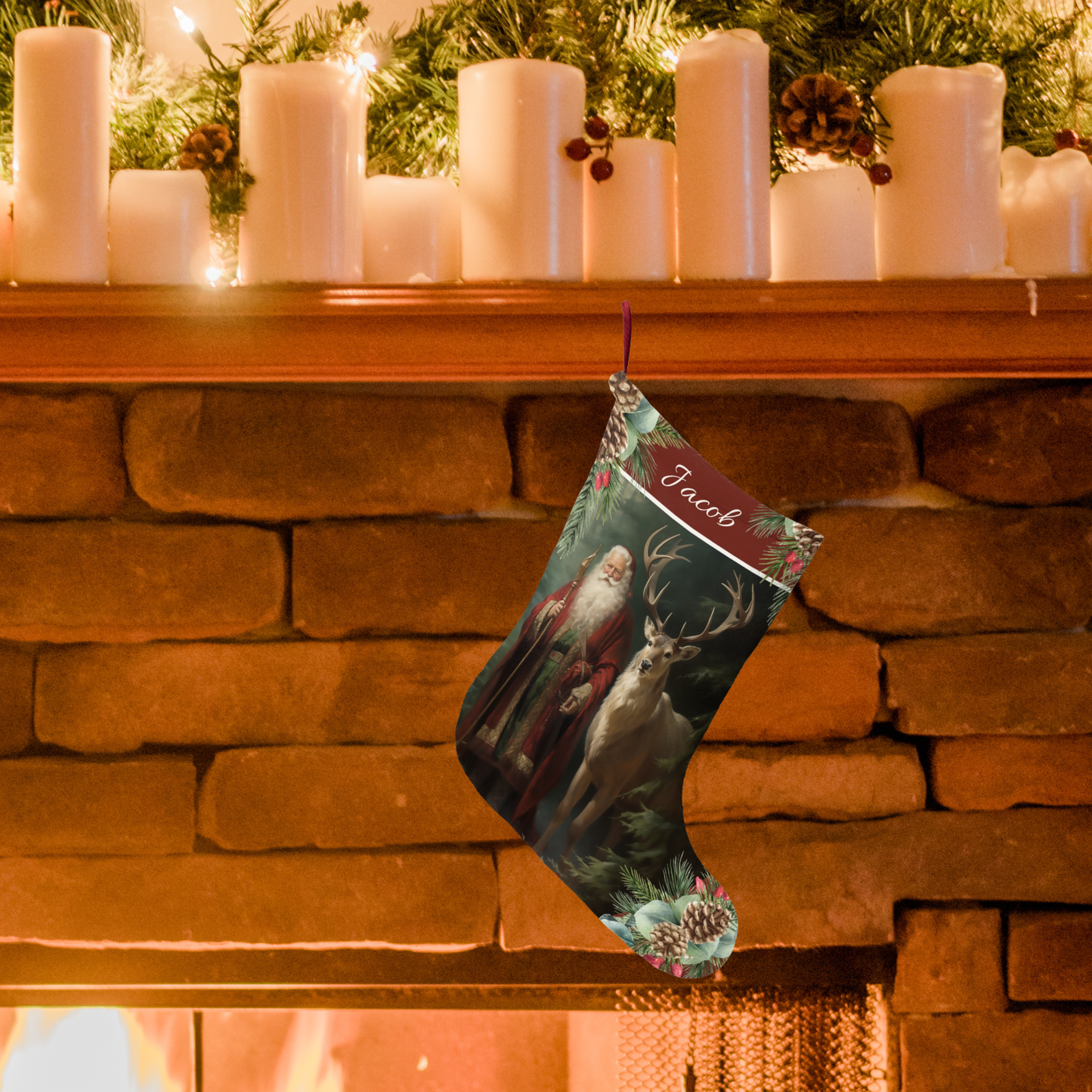 Victorian Santa Stocking, Woodland Santa l Deer Christmas Decor