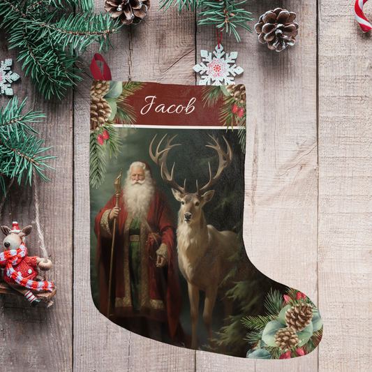Victorian Santa Stocking, Woodland Santa l Deer Christmas Decor