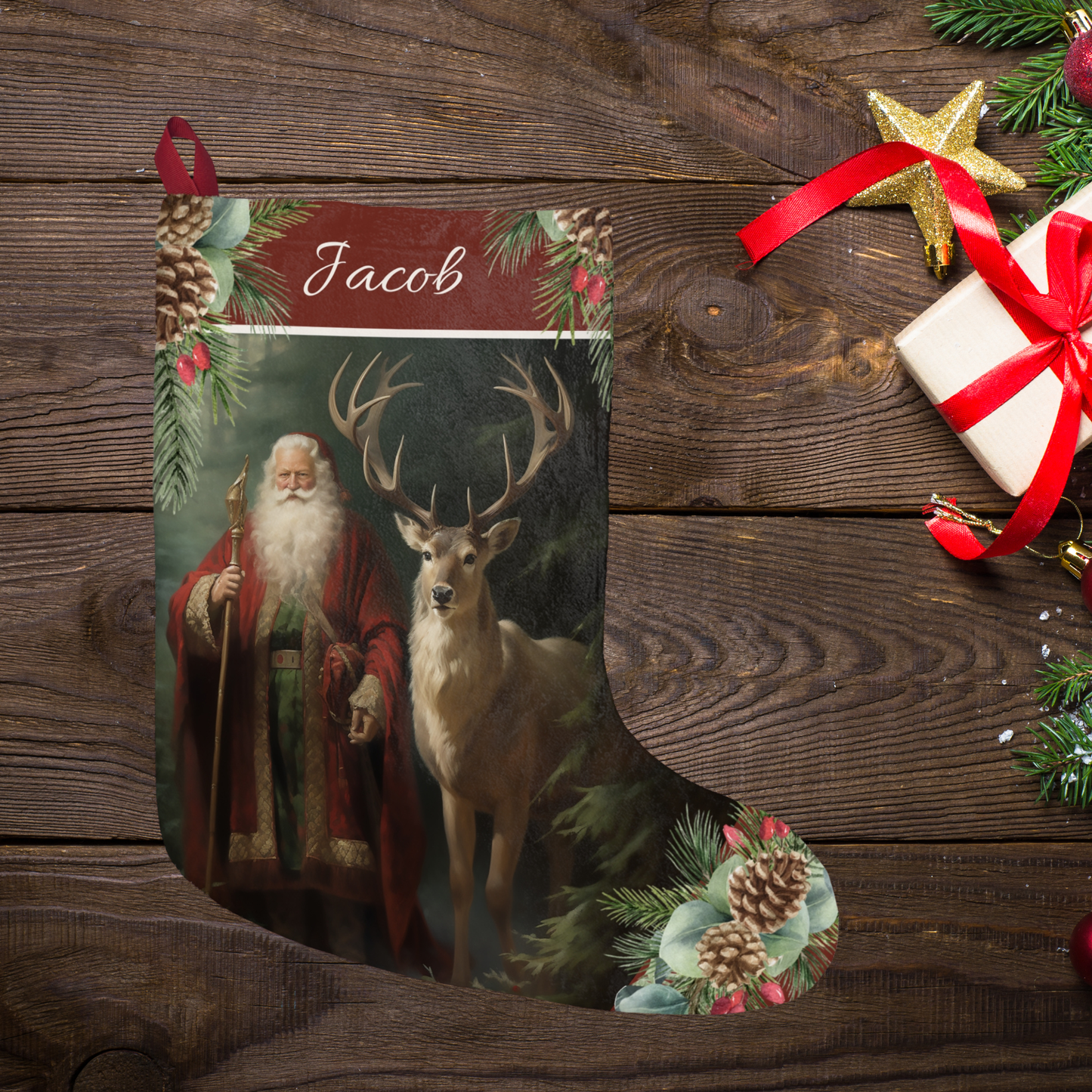 Victorian Santa Stocking, Woodland Santa l Deer Christmas Decor