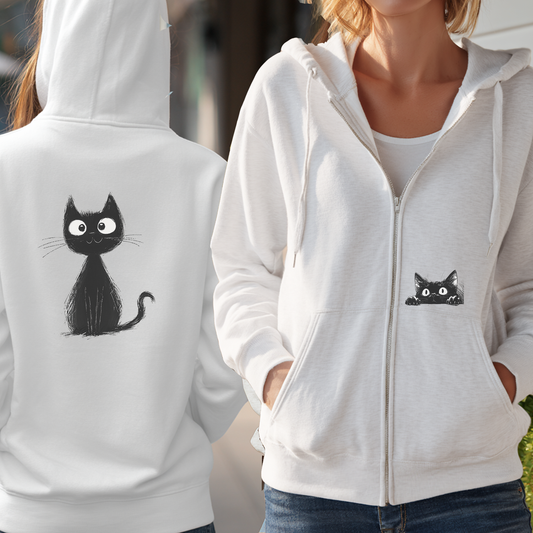 Cute Whimsical Black Cat Sweatshirt Jacket, Full Zip Hoodie, Cat Gift