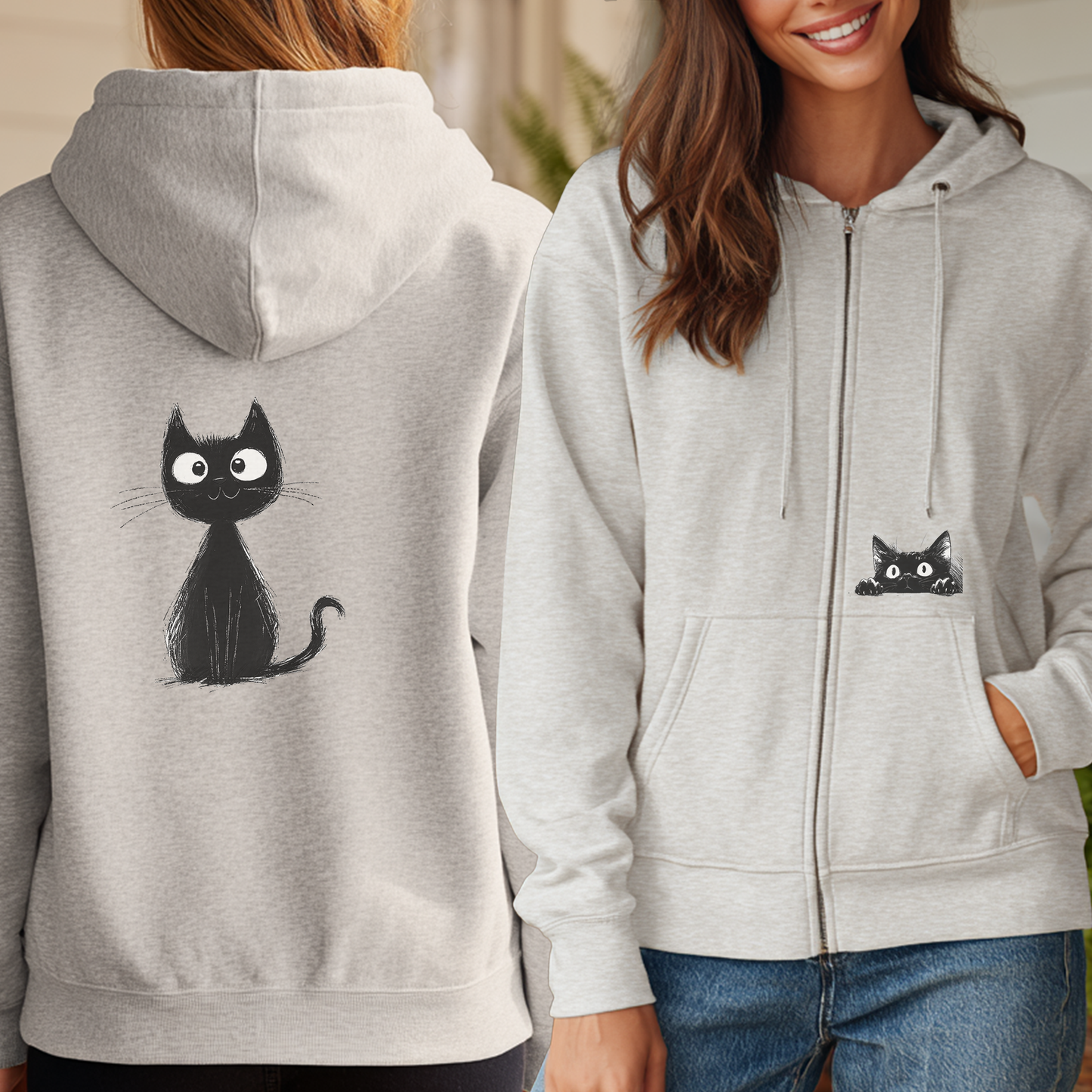 Cute Whimsical Black Cat Sweatshirt Jacket, Full Zip Hoodie, Cat Gift