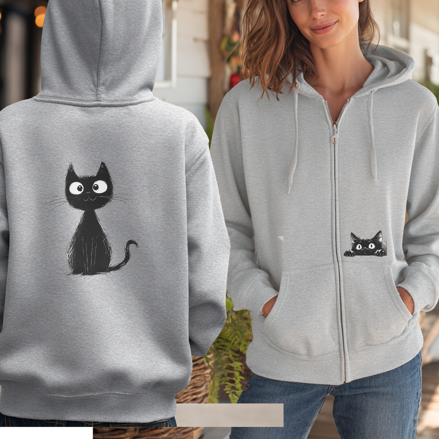 Cute Whimsical Black Cat Sweatshirt Jacket, Full Zip Hoodie, Cat Gift