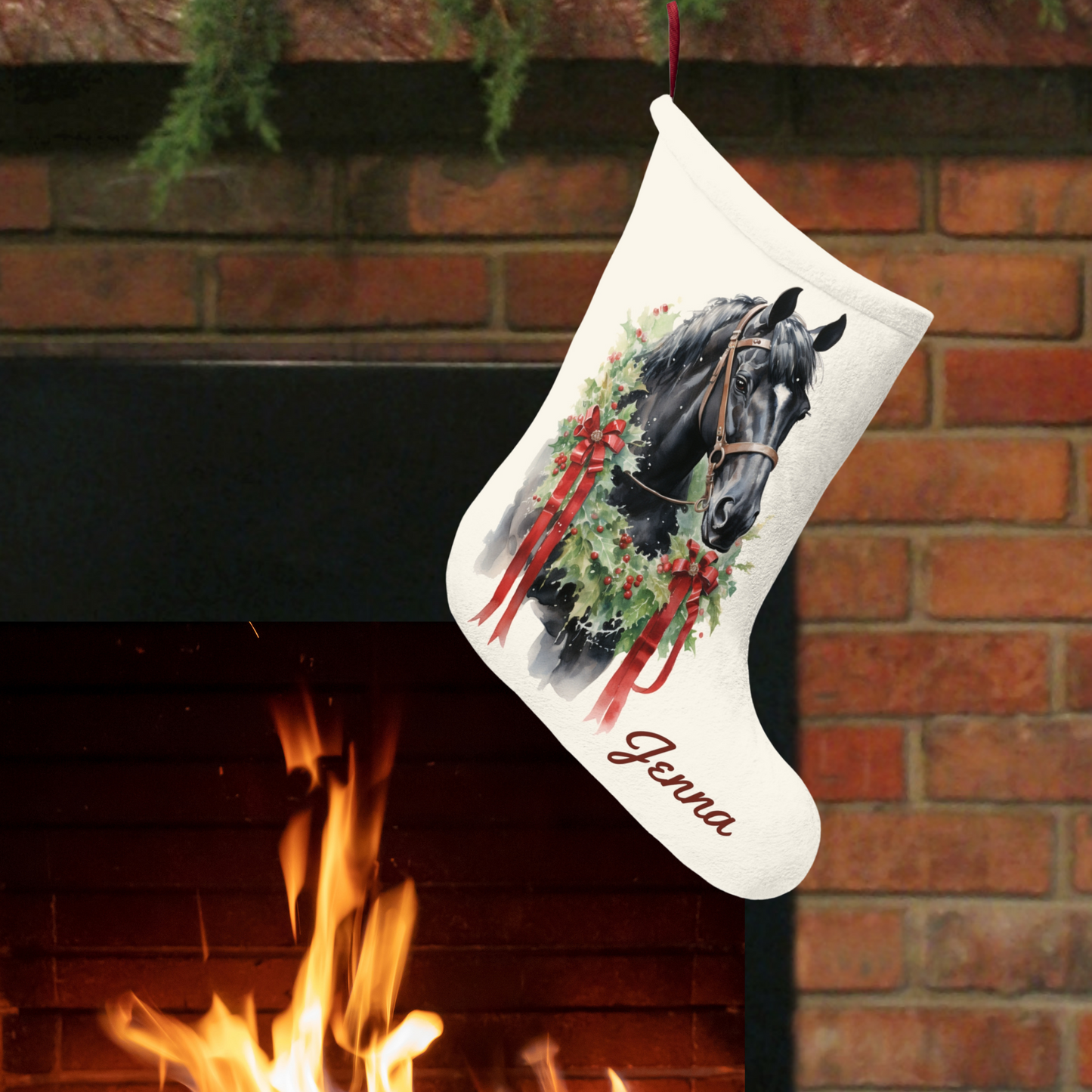 Christmas Black Horse Stocking, Holiday Original Art Decor, Unique Gift