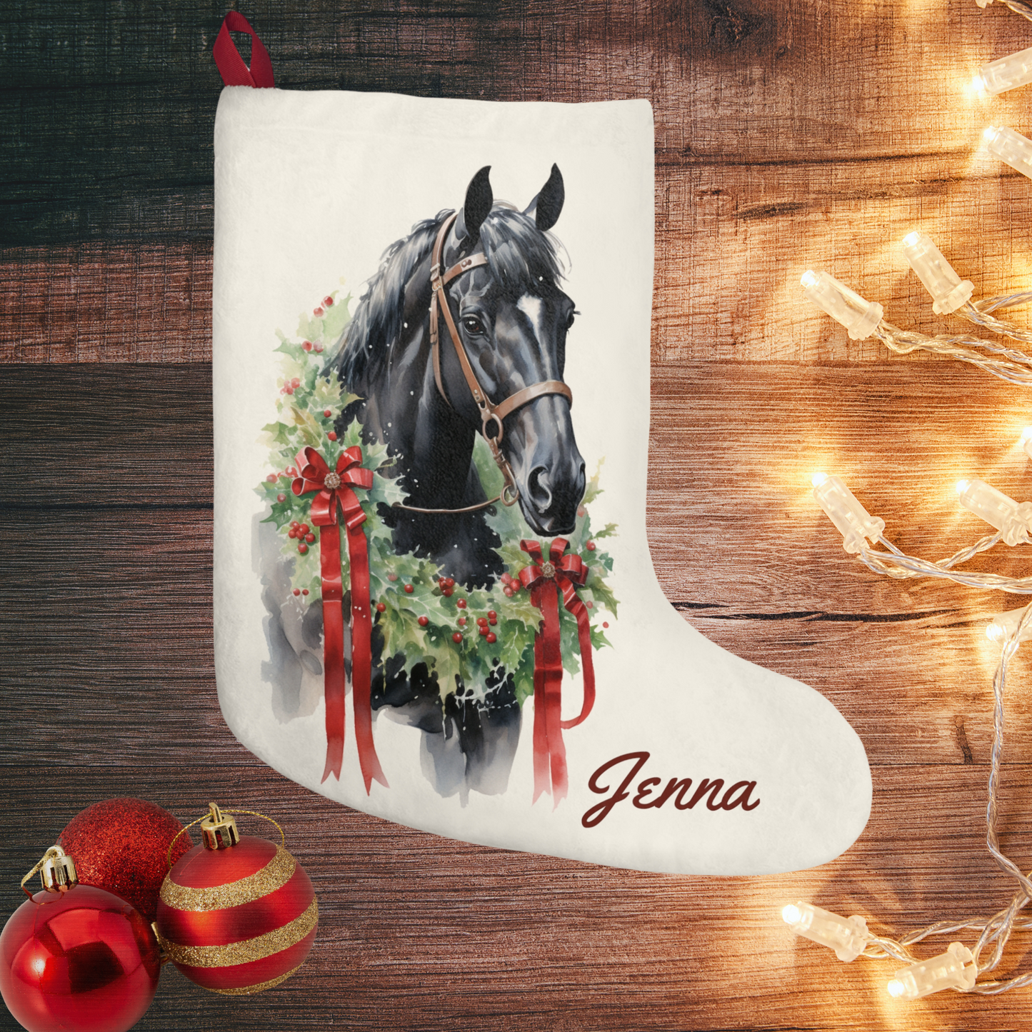 Christmas Black Horse Stocking, Holiday Original Art Decor, Unique Gift