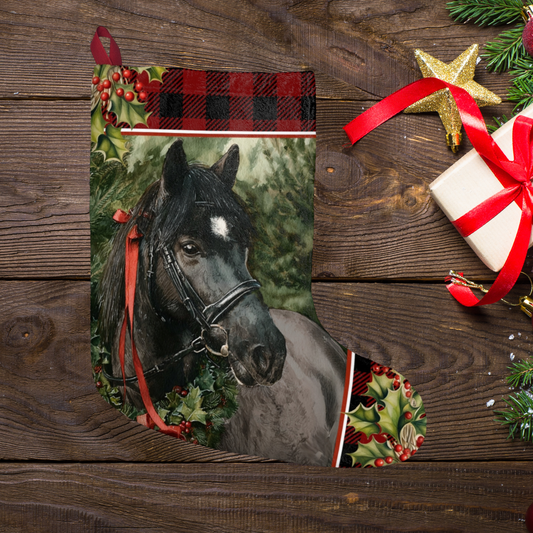 Black Pony Christmas Stocking, Black Roan Horse Equestrian Gift Holiday Decor, Large Fleece Stocking