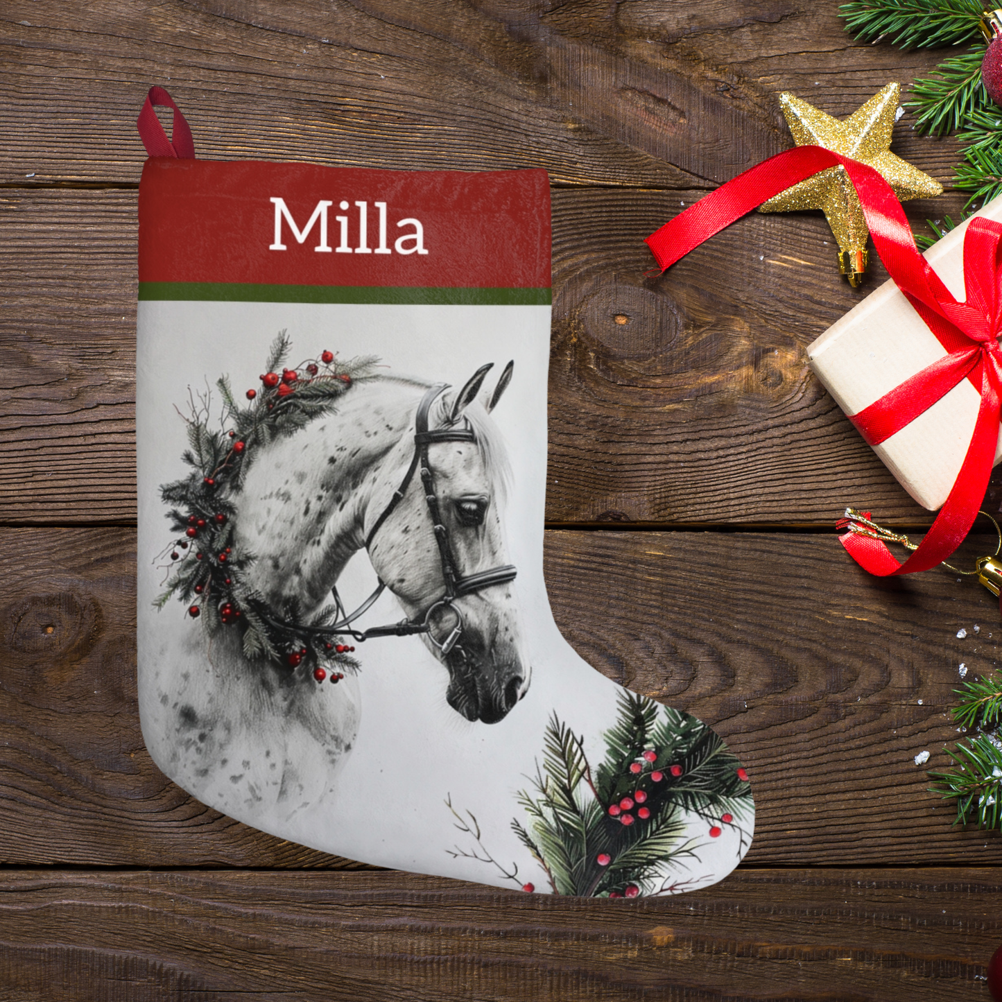 Gray Horse Stocking, Holiday Horse Lover Stocking, Original Art