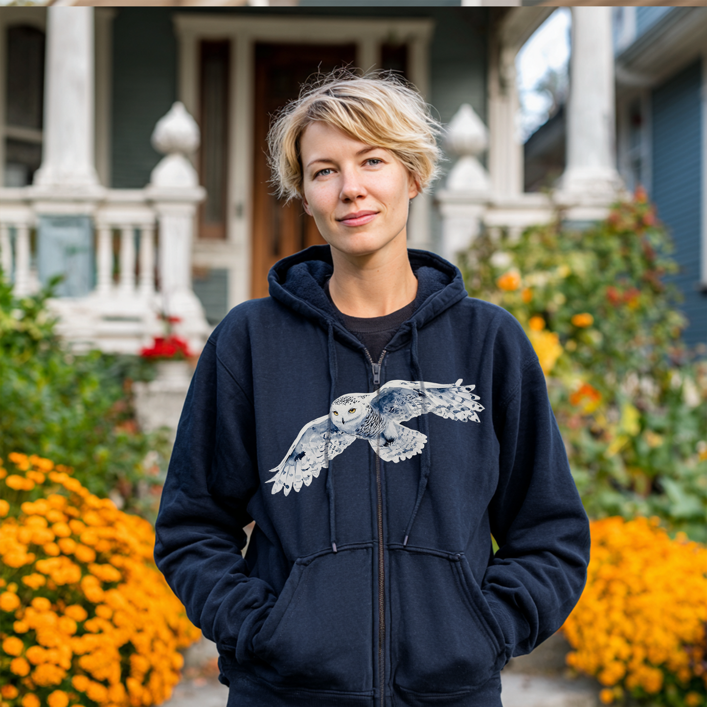 Snowy White Owl Watercolor Full Zip Hoodie — Flying Owl Nature Conservation