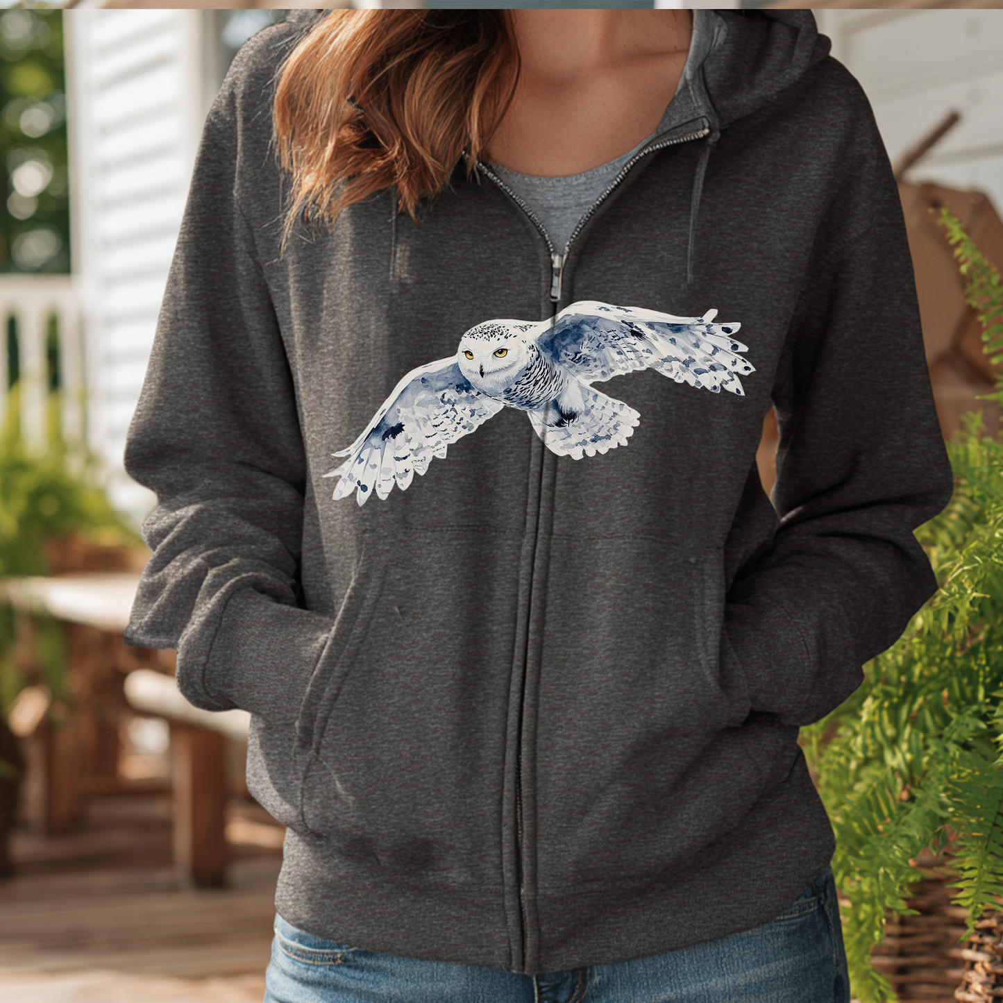 Snowy White Owl Watercolor Full Zip Hoodie — Flying Owl Nature Conservation