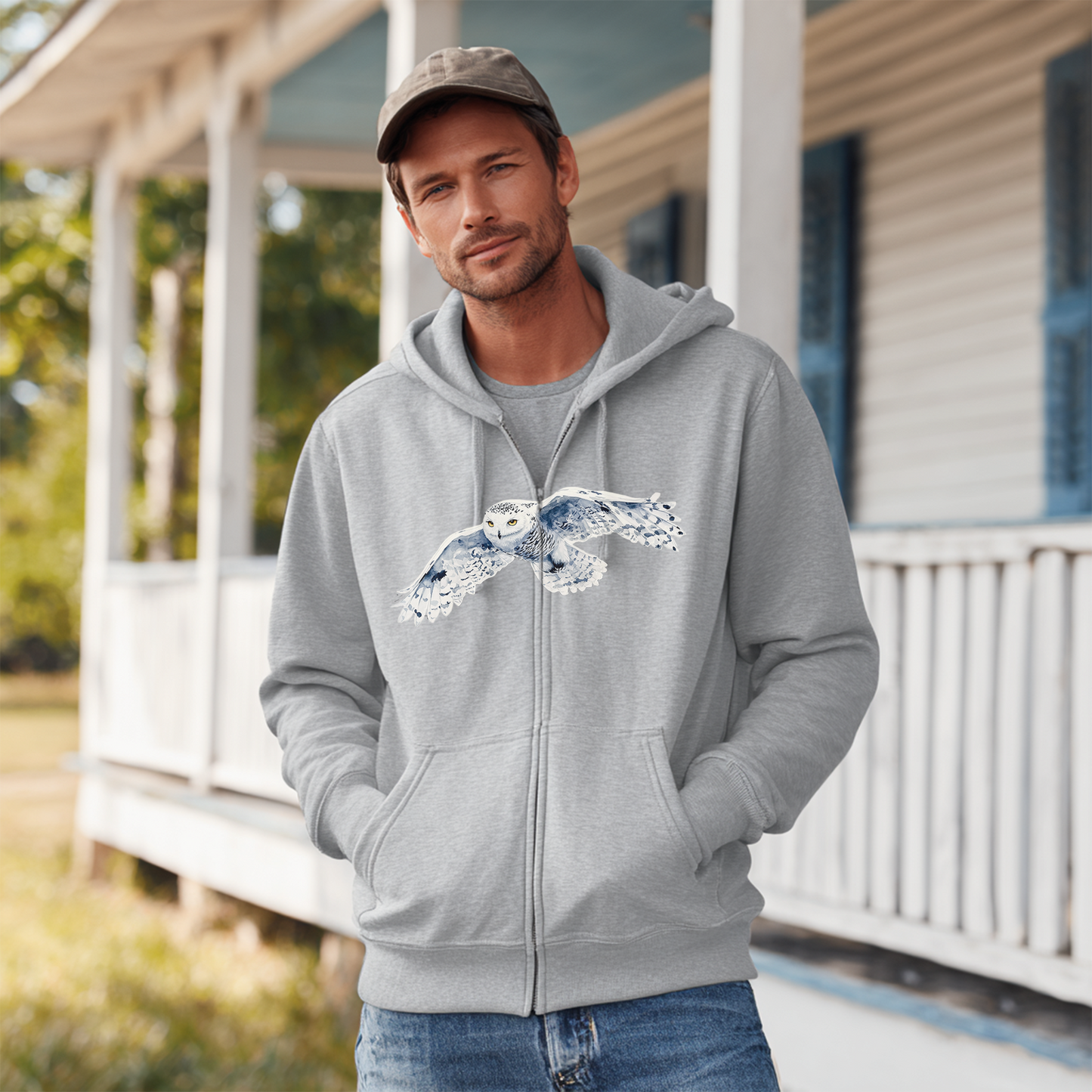 Snowy White Owl Watercolor Full Zip Hoodie — Flying Owl Nature Conservation