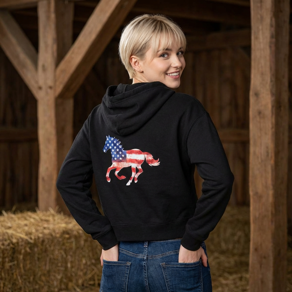 American Horse Girl Crop Hoodie | Flag Horse Graphic