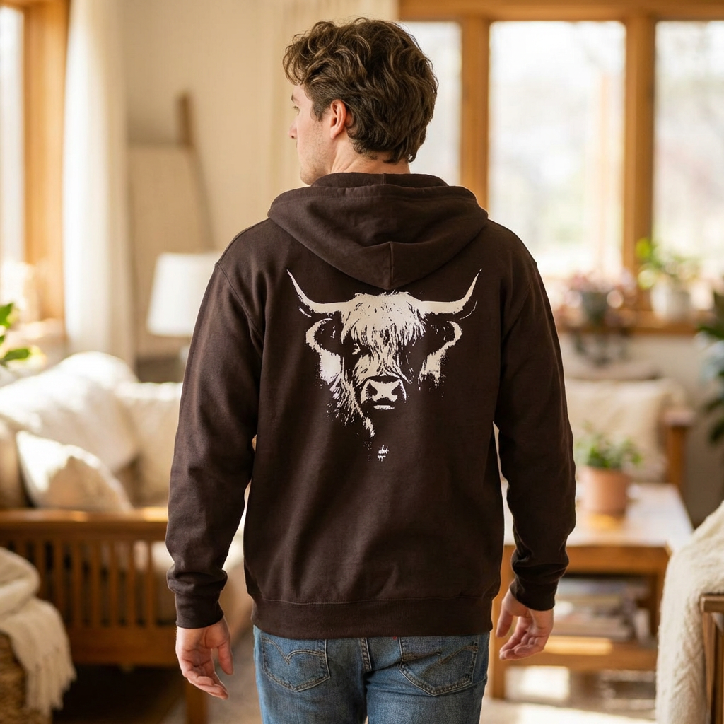 Highland Cow Zip-Up Hoodie – Cozy Farm & Country Jacket