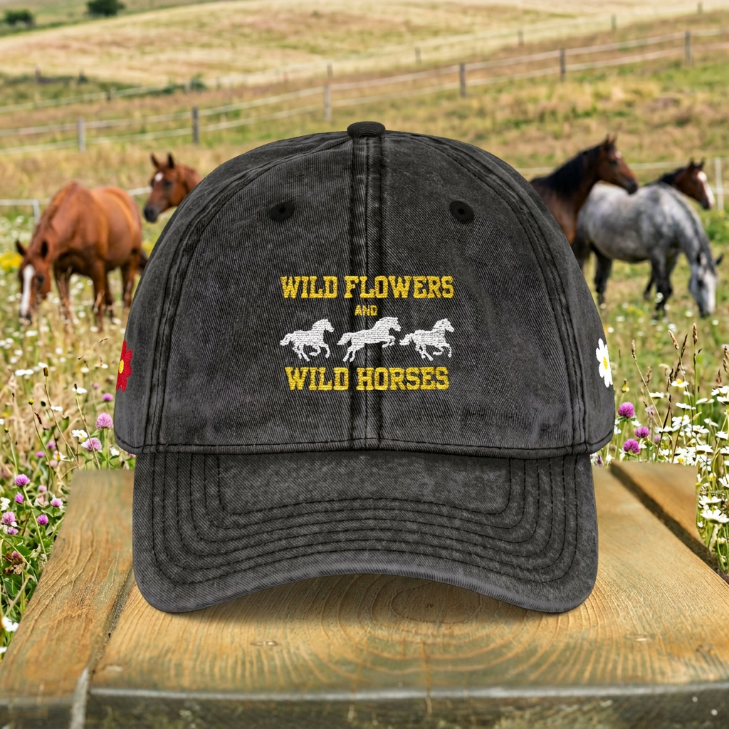 Wildflowers & Wild Horses Embroidered Cap – Vintage Distressed Horse Hat