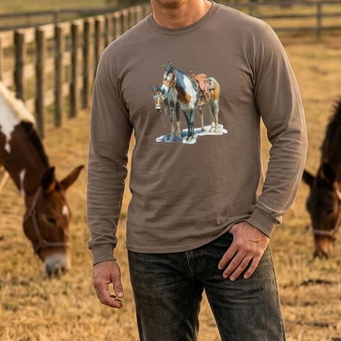 Western Mule Horse Watercolor Long Sleeve Comfort Colors T-Shirt
